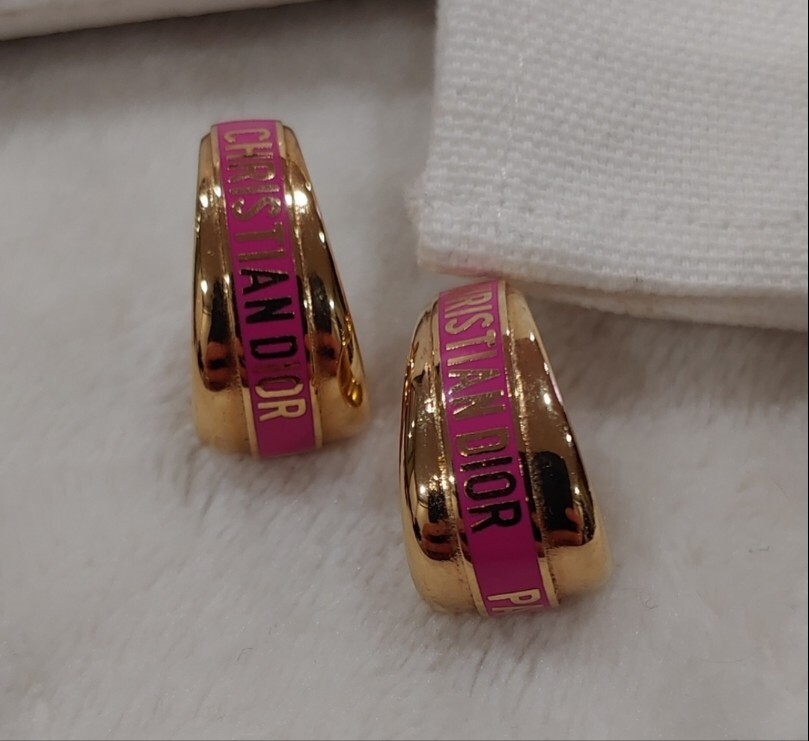 Dior Gold Plated Pink Enamel Hoop Earrings No Backings