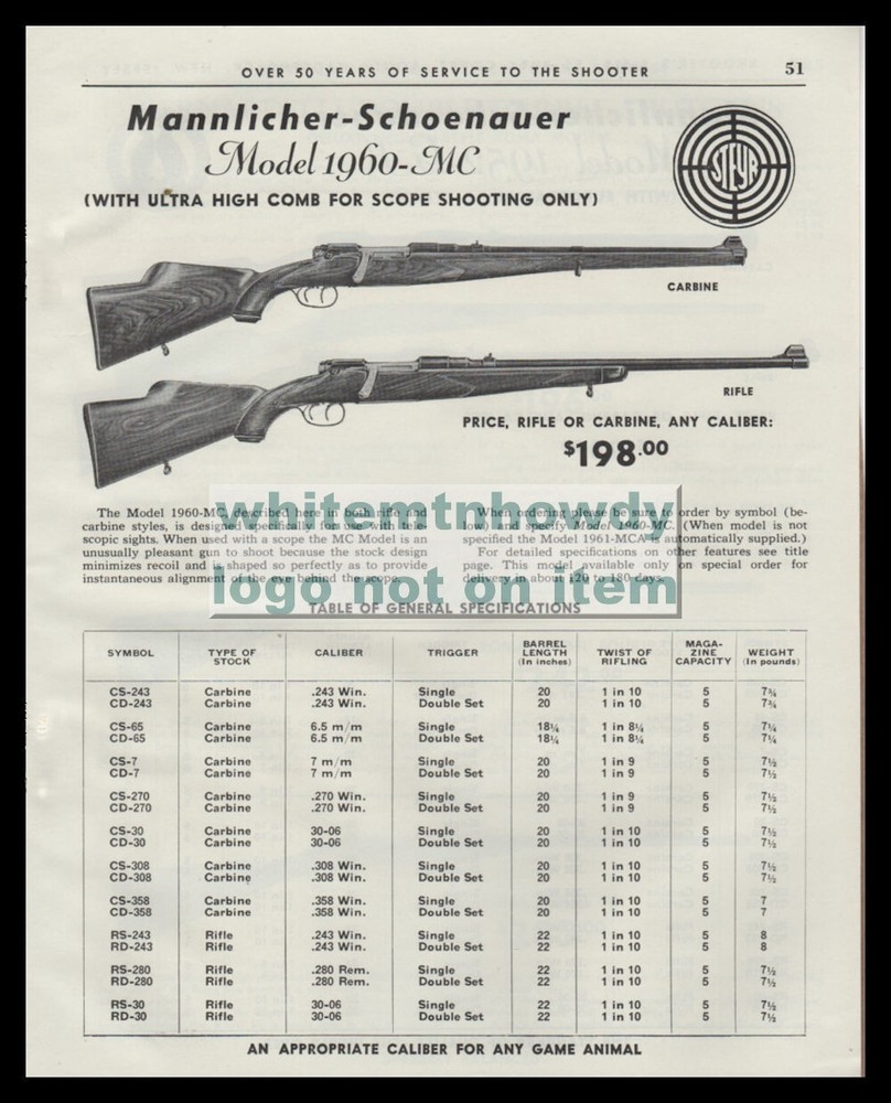 1954 MANNLICHER-SCHOENAUER Model 1960 MC Rifle & Carbine PRINT AD