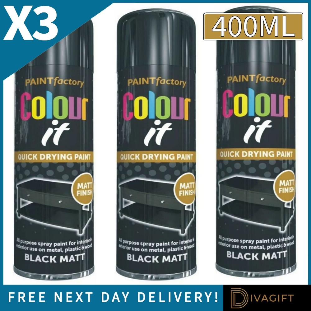 3 x BLACK MATT SPRAY PAINT 400ML ALL-PURPOSE AEROSOL FOR METAL PLASTIC WOOD NEW
