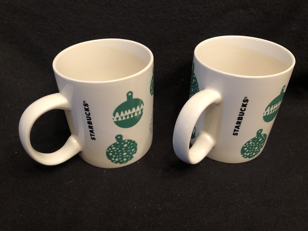 Starbucks 2016 Christmas Coffee Tea Mugs White Green Ornaments Pair