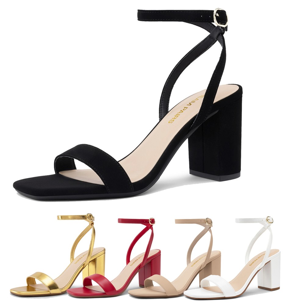 Women Chunky Block Heel Square Open Toe Strappy Ankle Strap Heeled Sandals for Stylish Comfort