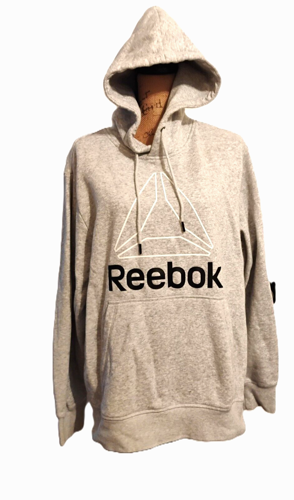REEBOK Men's M Gray Pullover Hoodie Front Pocket Long Sleeve Big Logo Spell Out