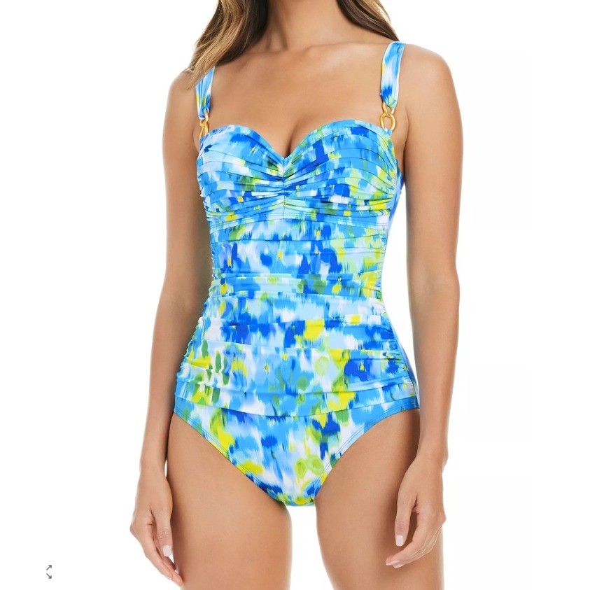 Bleu Rod Beattie Shirred Bandeau One Piece Swimsuit Women 4 Blue Beach $125 NWT