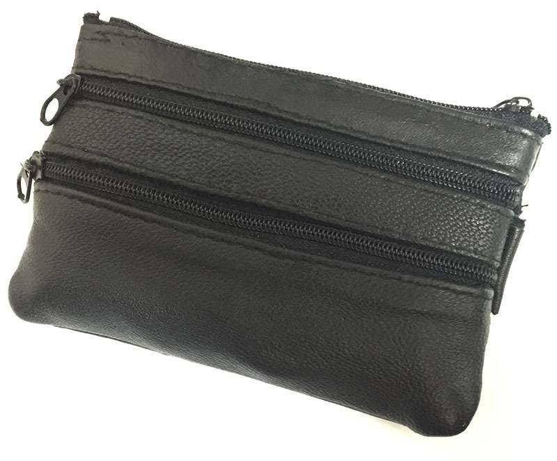 Black Genuine Leather Coin Purse with 3 Zips & Key Ring for Men Women