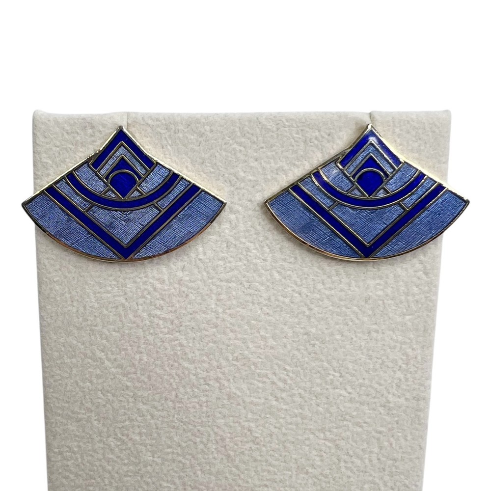 ROMAN Cobalt Blue Enamel Art Deco Fan Pierced Earrings with Hatch Pattern Design