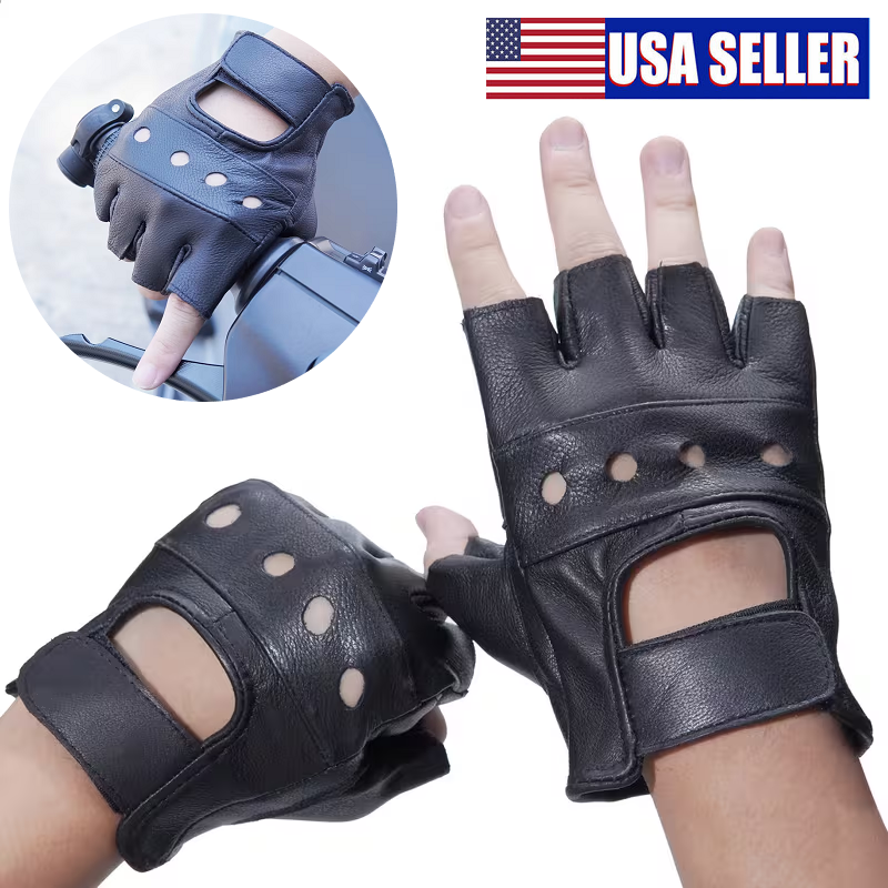 Men's Leather Fingerless Motorcycle Biker Gloves - Driving Riding Hunting Gloves