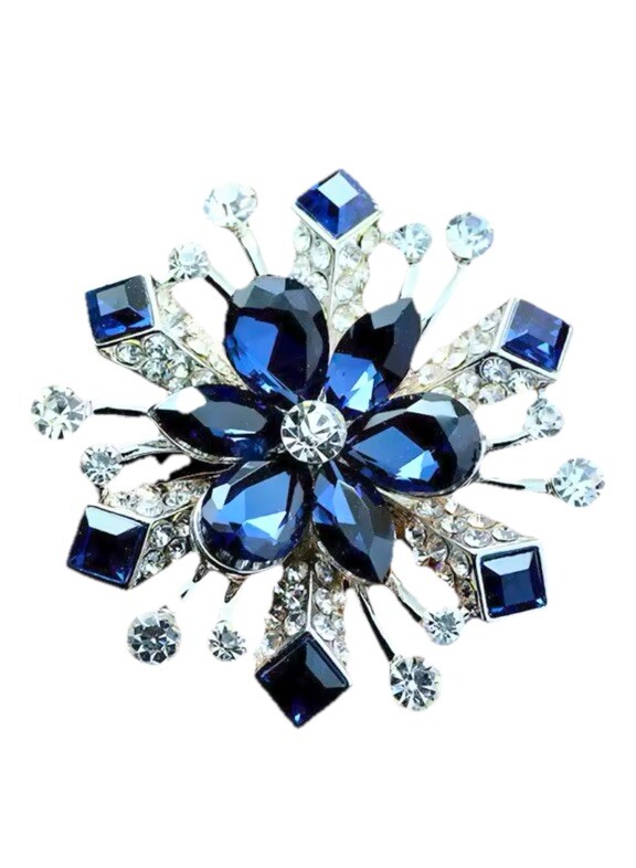 Luxury Silver Blue Snowflake Brooch Pin with Rhinestones Vintage Crystal Gift