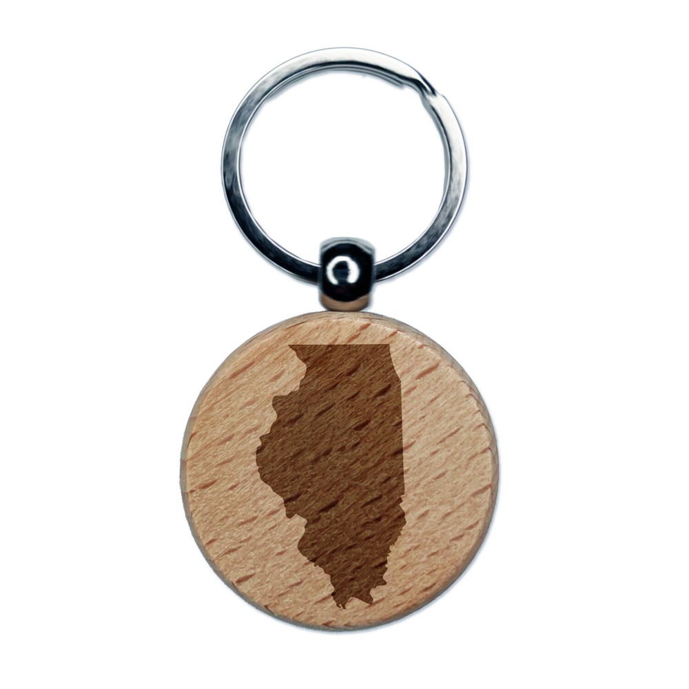 Illinois State Silhouette Engraved Wood Round Keychain Tag Charm