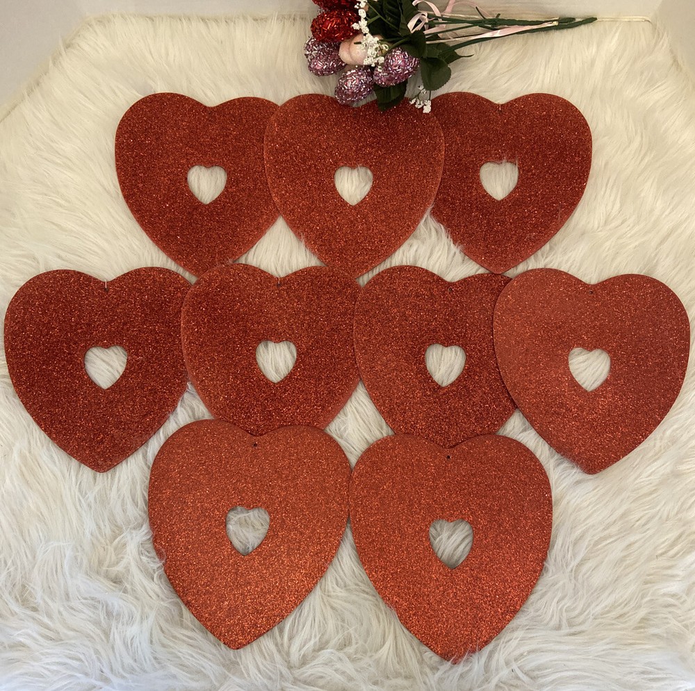 Red Glitter Cutout Hearts Table Hanging Wall Decor Lot Of 9 8”x7.5” FLASH SALE!-image