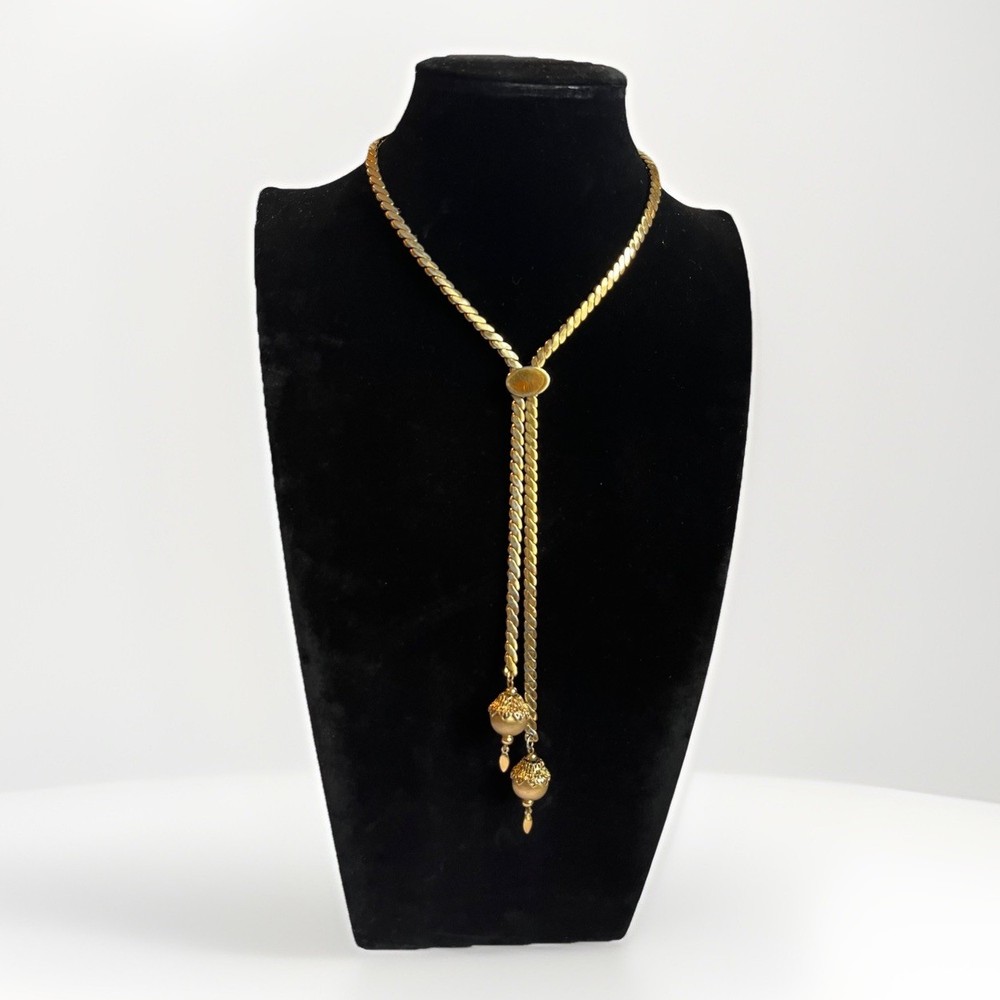VTG Monet Bolo Gold Tone Lariat Textured Rope Balls Pendant Necklace Adjustable