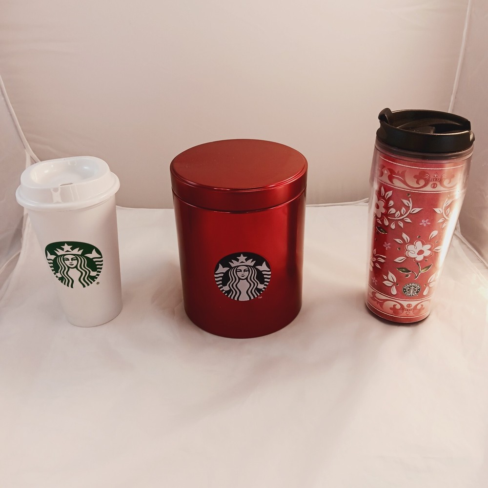 Starbucks Red Metallic Canister Kitchen Coffee Tea Can Lid 6” x 5” & Cup & Mug