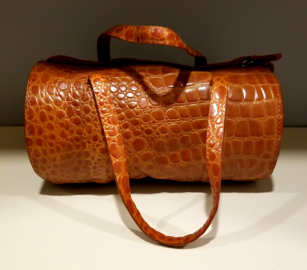 DKNY Cylindrical Makeup Bag Case Faux Alligator Red-Brown Vintage 1990s