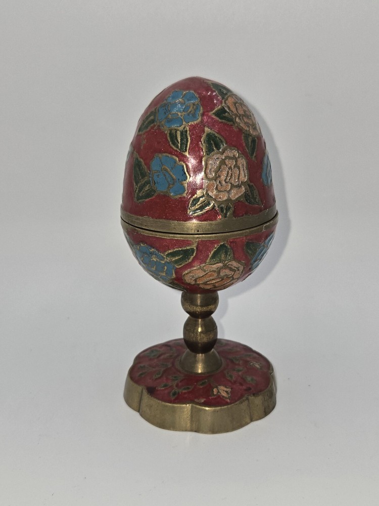 Vintage Brass Red Cloisonne Enamel Egg Trinket Box Handmade India