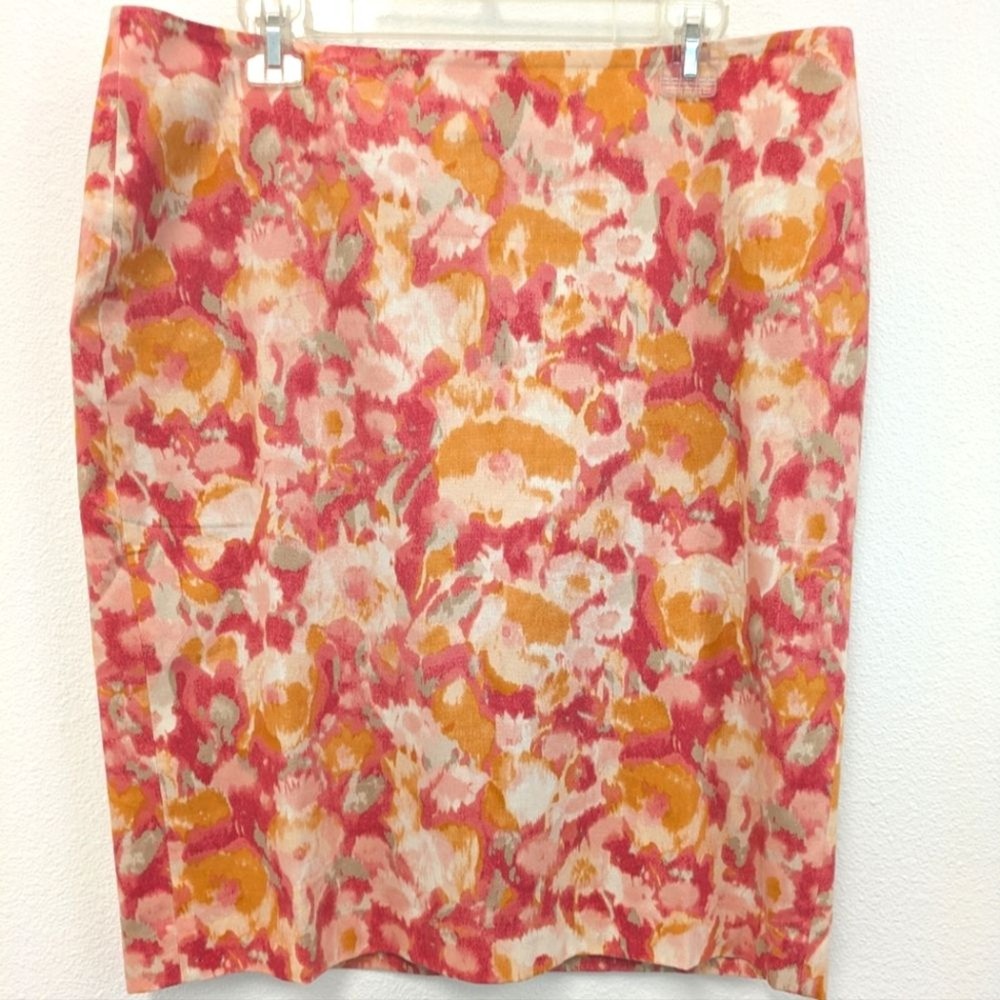Talbots Floral Watercolor Cotton Pencil Skirt Size 14 in Pink Orange Artsy Office Wear