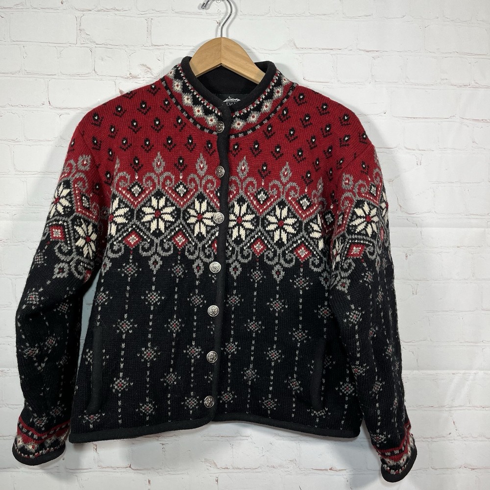 Vintage Icelandic Design Wool Cardigan Womens Large Fair Isle Jacket Cabincore