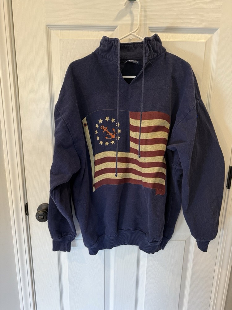 Vintage WEK The World Drawstring Sweatshirt Adult L Blue American Flag USA 90s