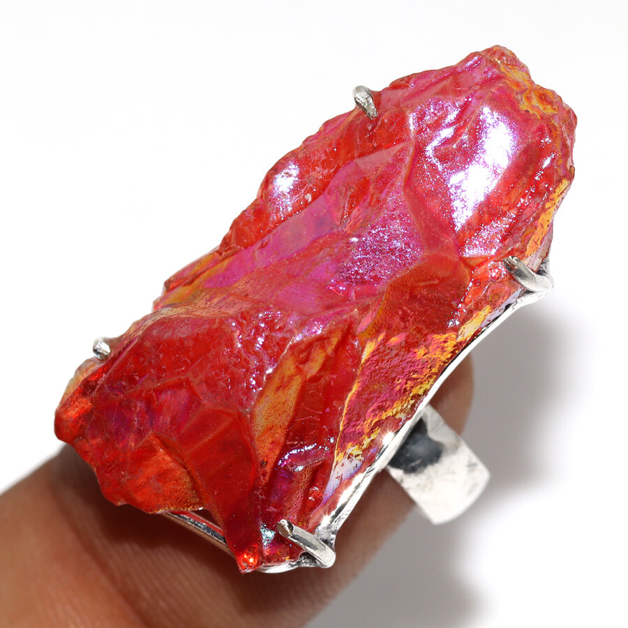 925 Silver Plated Pink Titanium Aura Quartz Jewellery Ring Handmade Size 7 JW