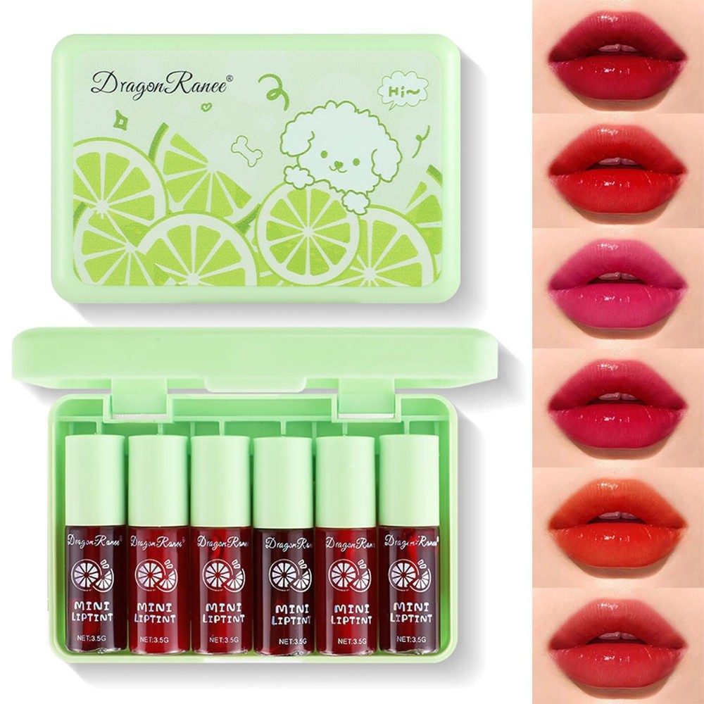 6-Color Korean Velvet Lip Tint Stain Set with Glossy Finish