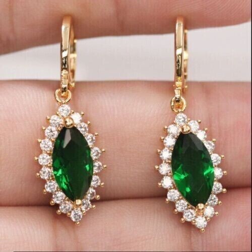 4Ct Marquise Green Emerald Dangle Earrings in 14K Gold Plated