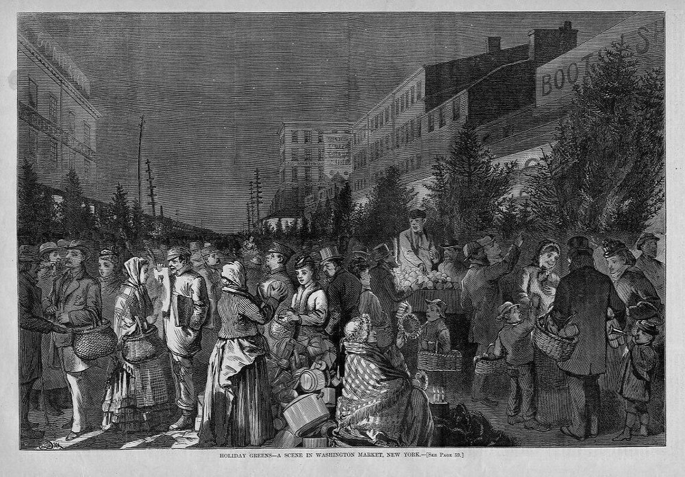 WASHINGTON MARKET, NEW YORK, CHRISTMAS DECORATIONS, TREES, WREATHS, FOR SALE