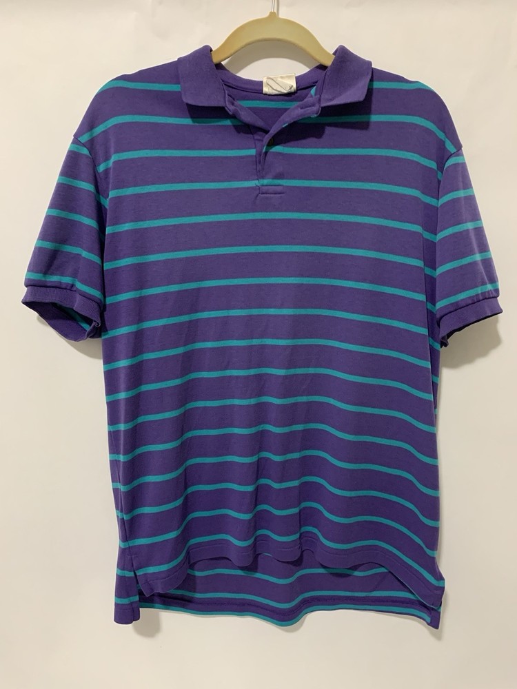 Vintage USA LL Bean Purple Blue Striped Polo Mens L Short Sleeve Casual Golf