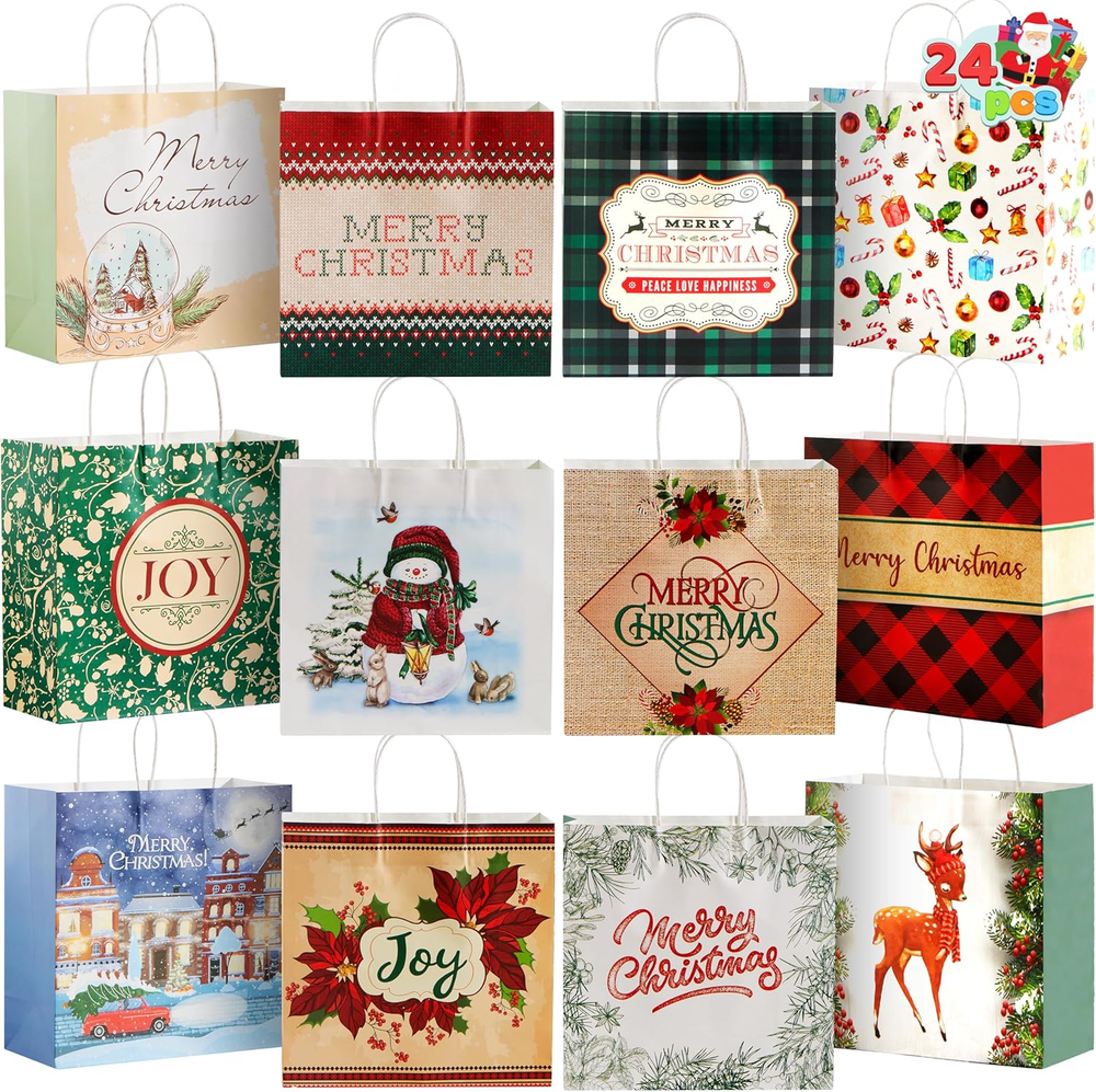 24 Pcs Christmas Kraft Paper Gift Bags with Twine Handles, 12 X 12 X 5'' Large X