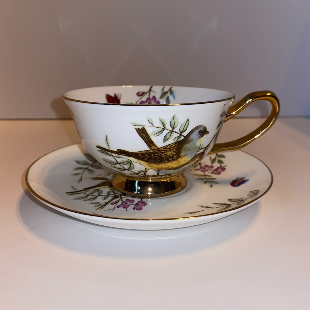 Grace Teaware Fine Porcelain Birds & Floral Garden Tea Cup & Saucer Blossom