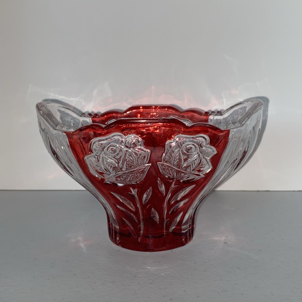 Vintage Anna Hutte Ruby Red Clear Rose Candy Dish Oblong Germany