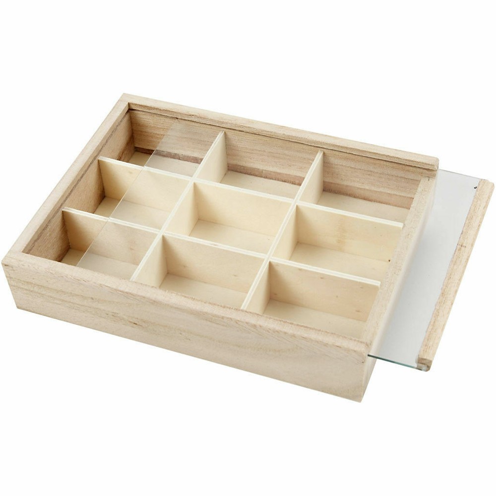 Wooden 9 Section Storage Display Compartment Box & Sliding Glass Cover 17 x 13cm