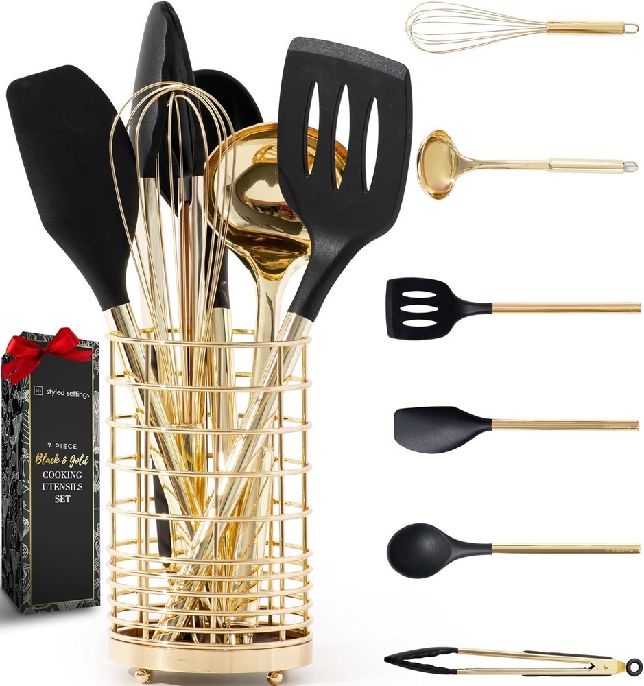 Black and Gold Cooking Utensils Set - 7-Piece Silicone Utensils Set