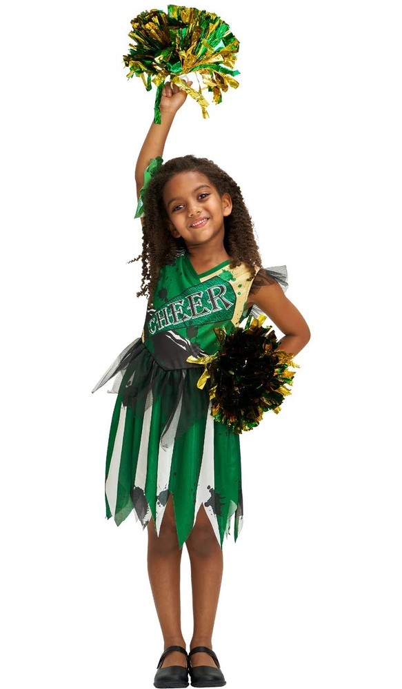 Zombie Cheerleader Costume Set with Pompoms and Hairpin for Girls Age 8-10 Halloween