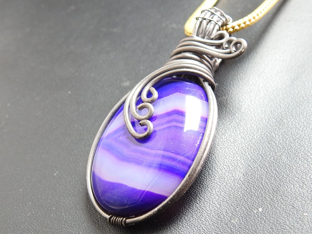 Purple Strip Agate Brass Pendant Silver Oxidised Polished Wire Wrapped Jewelry