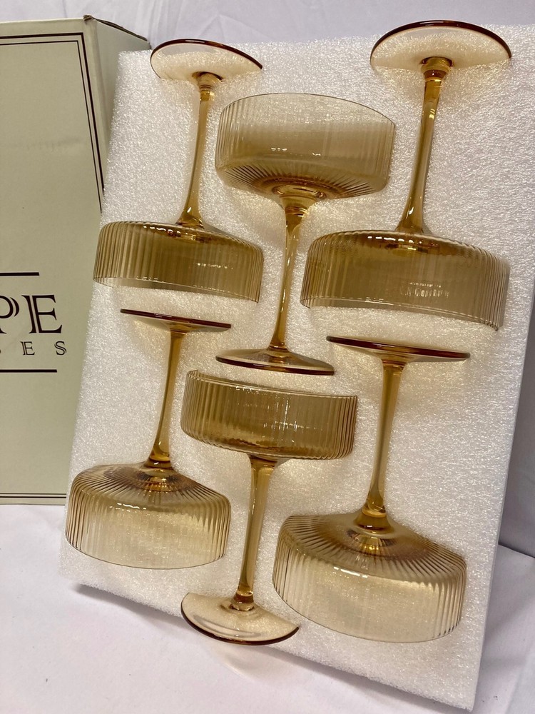 Art Deco Cyrelwing Ribbed Coupe Glasses in Amber 9 oz Set of 6 New
