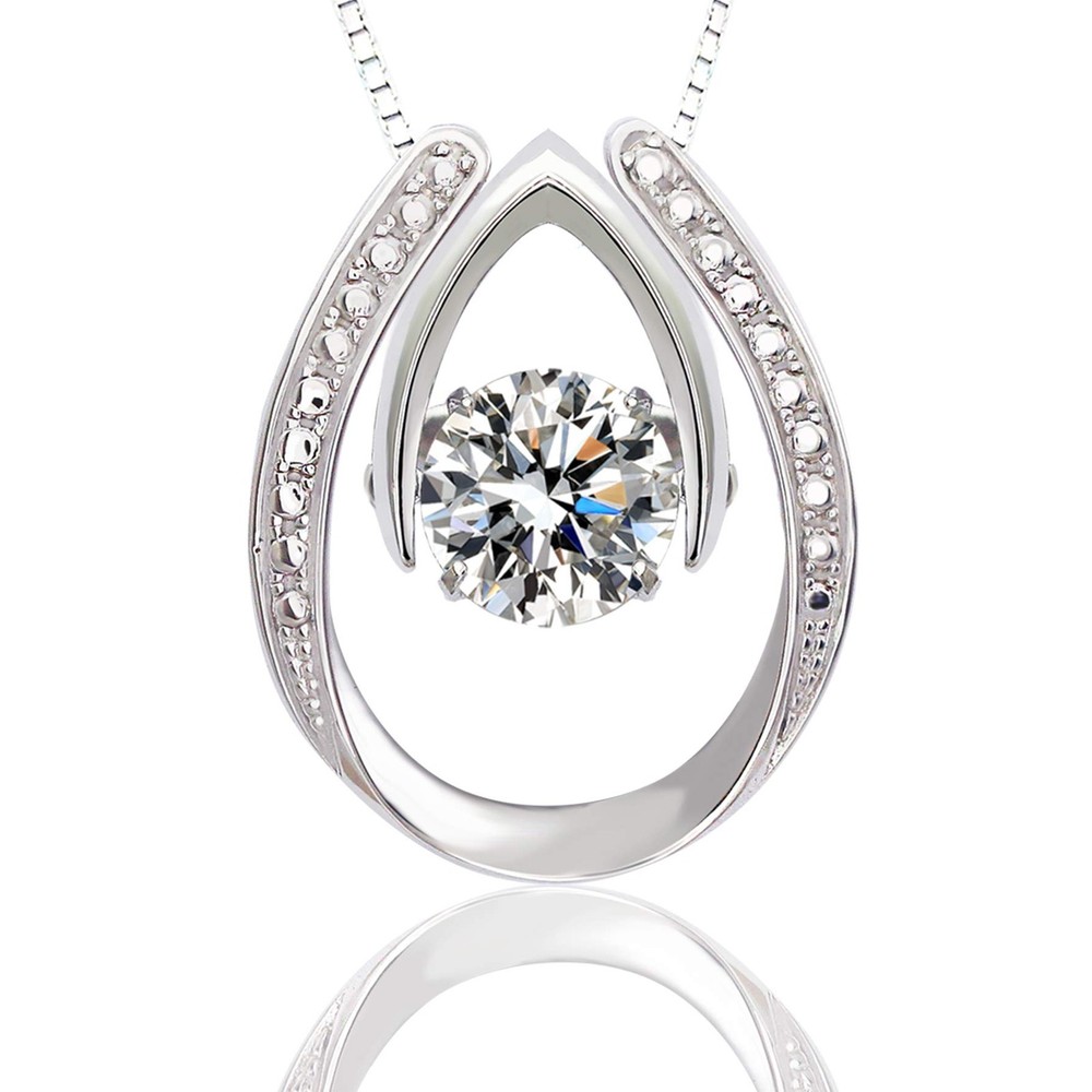 Wishbone Silver Necklace with 1 Carat Dancing CZ Diamond for Women