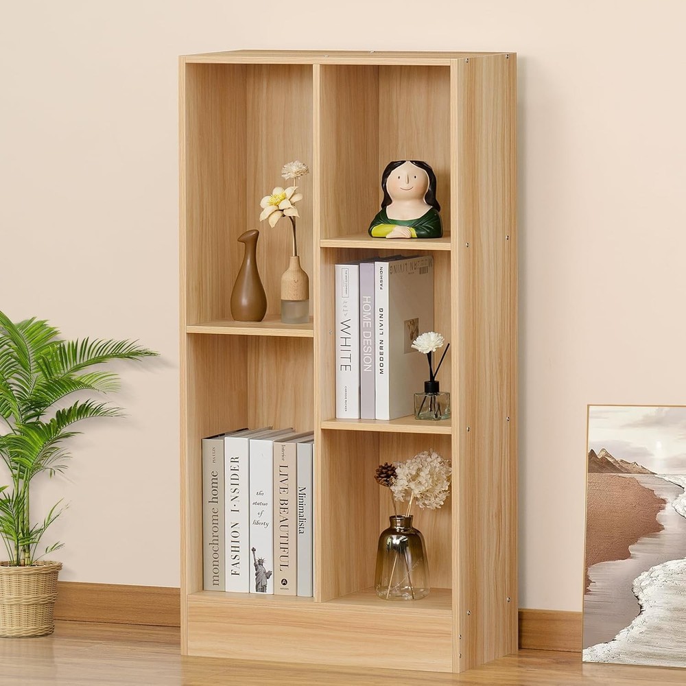 Mid-Century Modern 5 Cube Wood Bookshelf with 3 Tier Storage Base