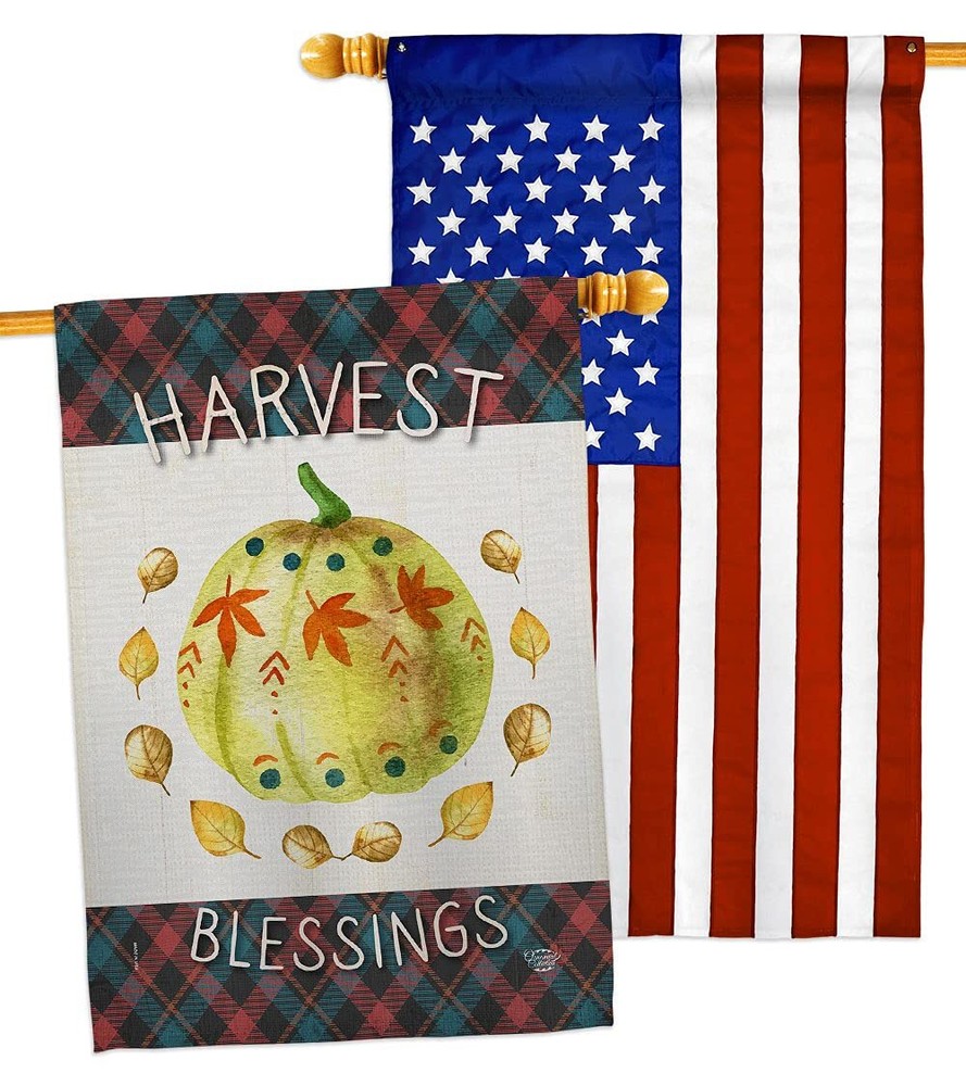 Colorful Fall Pumpkin and Turkey Thanksgiving House Flag with Give Thanks Design