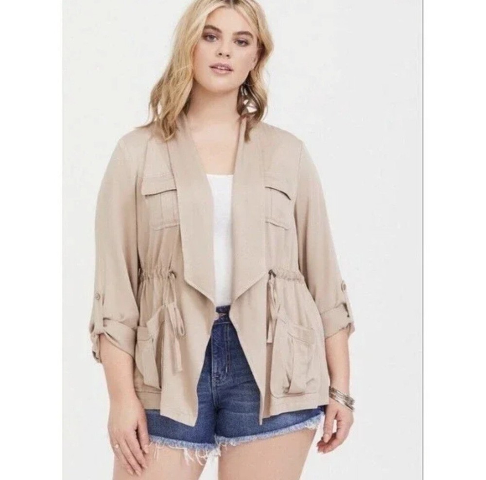 Torrid twill peplum top with tie front drawstring in military lagenlook style 2x