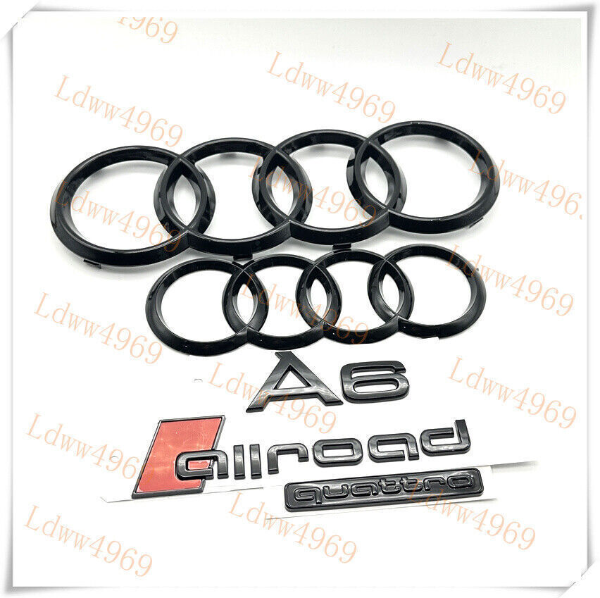 For Audi A6 Allroad Quattro Rings Emblem Gloss Black Front Rear Trunk Badge Set