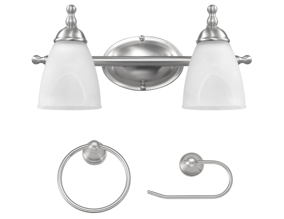 Satin Nickel Vanity Light Fixture 2 Light W/Alabaster Glass Shades 3 Piece NEW