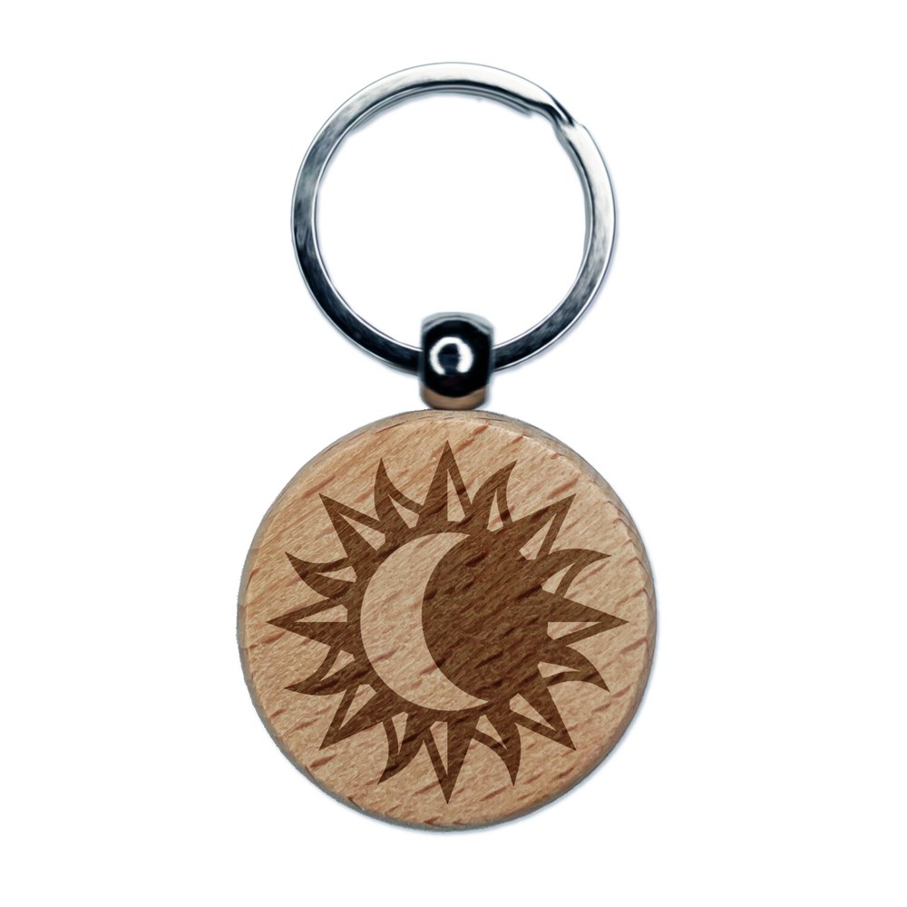 Solar Eclipse Sun Moon Engraved Wood Round Keychain Tag Charm