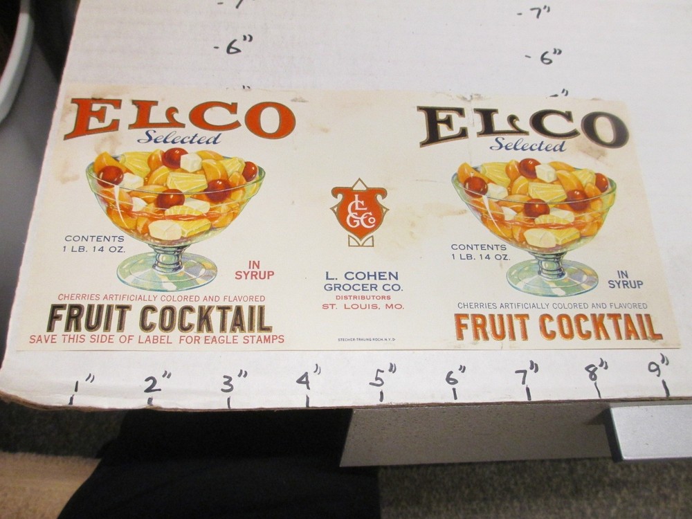 Vintage ELCO Fruit Cocktail 1930s Tin Can with Eagle Stamps Grocery Label L Cohen