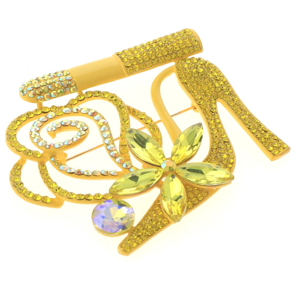 Yellow Tone Metal Large Crystal High Heel Shoe Brooch P1457-YLW