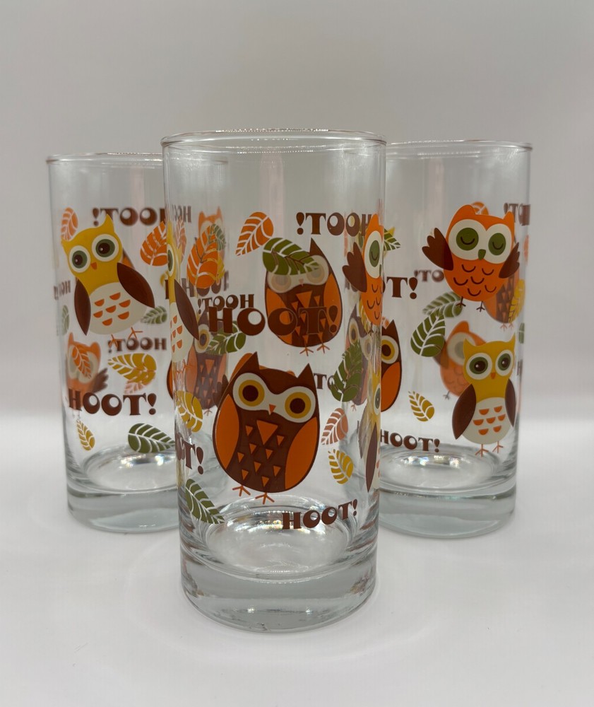 Libbey Crisa Hoot Owl Glasses 16 oz Set of 3 Retro Barware