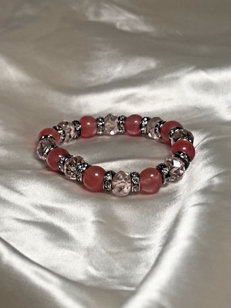 Pink & Coral Beaded Stretch Bracelet with Rhinestone Accents