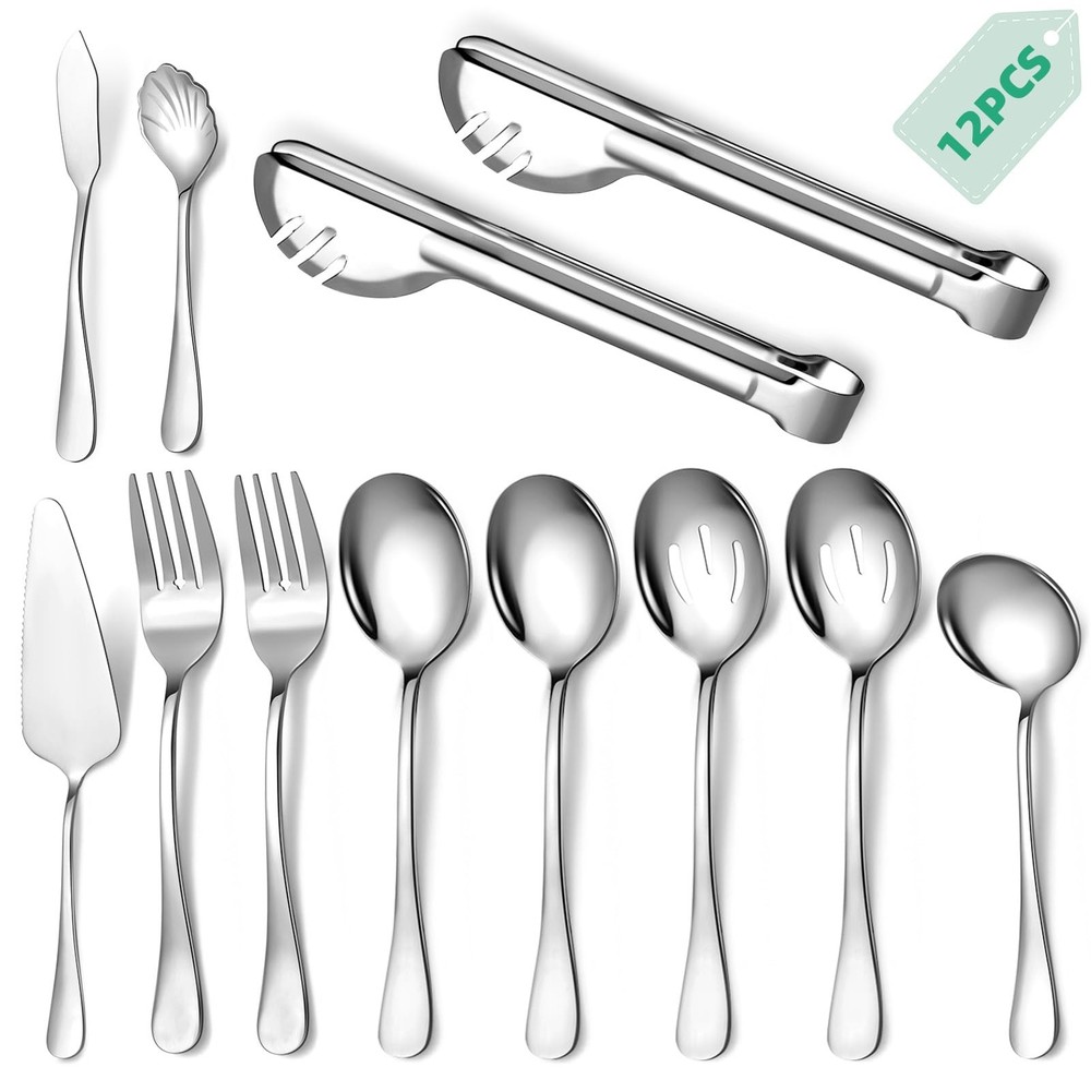 12-Piece Stainless Steel Serving Utensil Set with Spoons and Slotted Tools