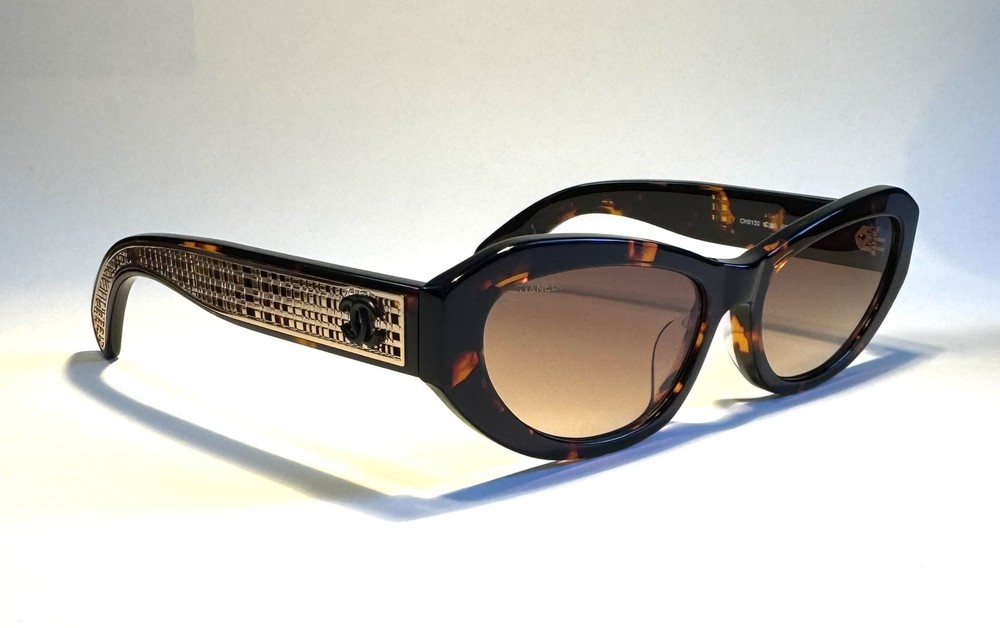 Chanel Small Oval Tortoise Acetate Sunglasses with Brown Gradient Lenses and Gold Accents