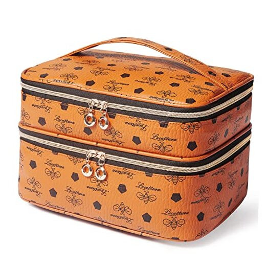 Double Layer Leather Makeup Bag for Women Large Brown Travel Toiletry Organizer