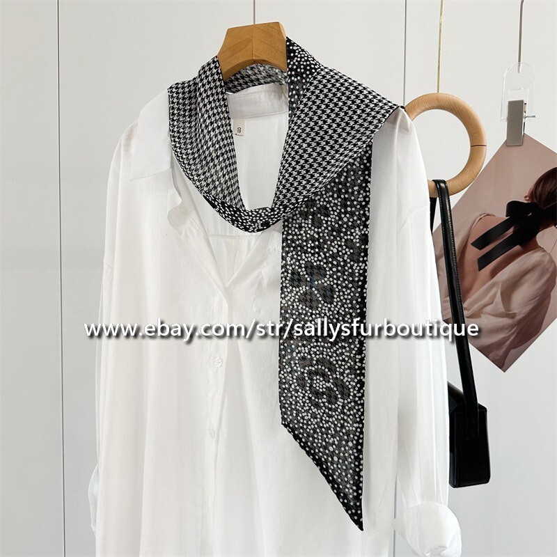 Sallys 100% Chiffon Silk Scarf Camellia Print 2 Layer Ribbon Necktie 180*10cm