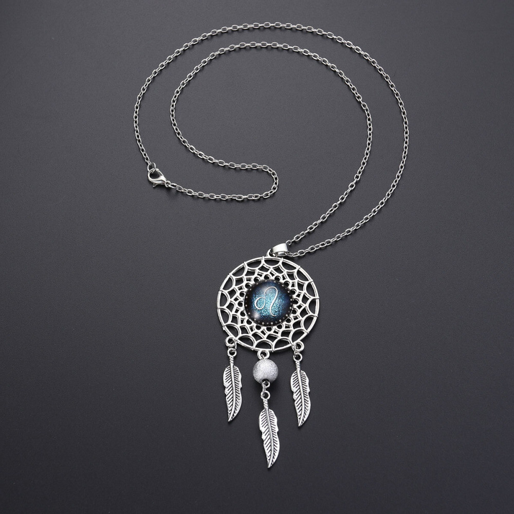 Dream Catcher Necklace Women Retro Bohemia Zodiac Sign Pendant Dangling Feather