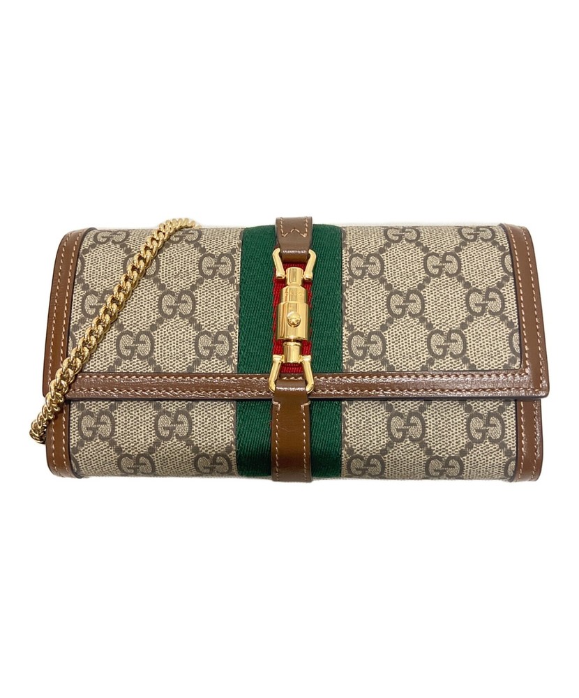 GUCCI  Jackie 1691 Web Stripe GG Supreme Gold Chain Wallet Sholder Bag Brown
